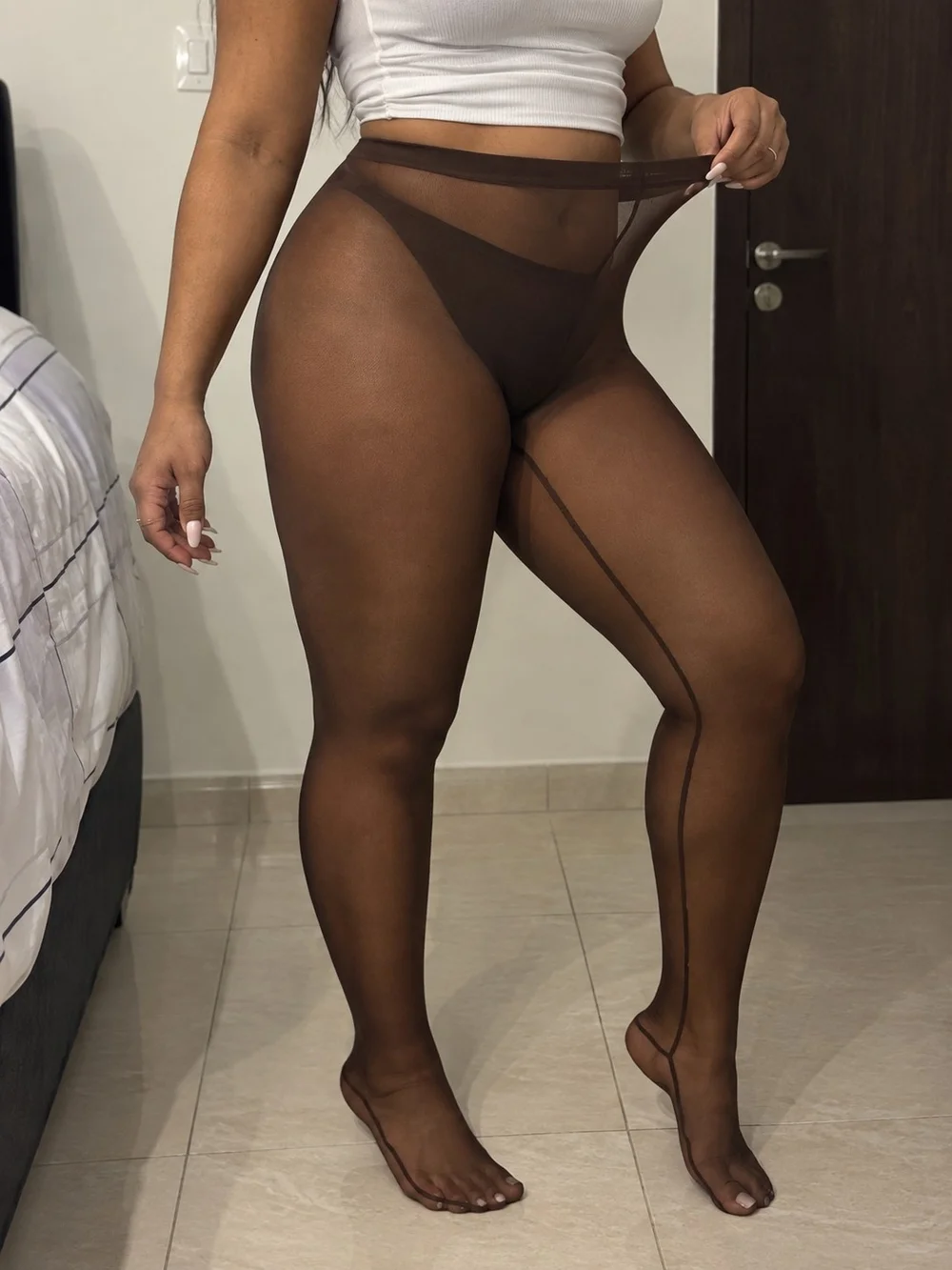 Sheer High-Waist Tights - Brown